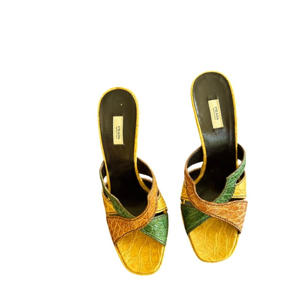 Prada Cocco Lucido Crocodile Platform Mules Heel Yellow Green Brown Brown Size 6